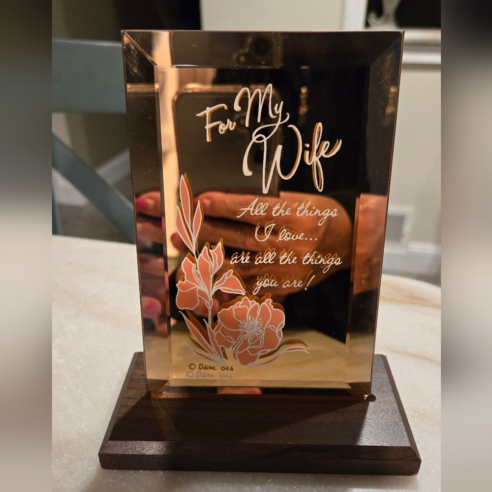 Glass Art Wife Plaque with Orange Floral Accents